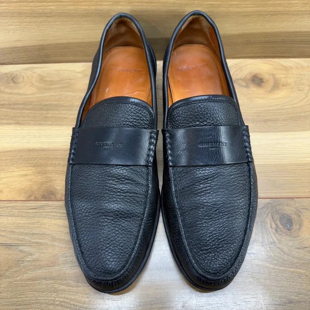 GIVENCHY Moc‎ Toe Loafers Mens EU 43.5 US 10.5 Black Pebble Leather Dress Shoes